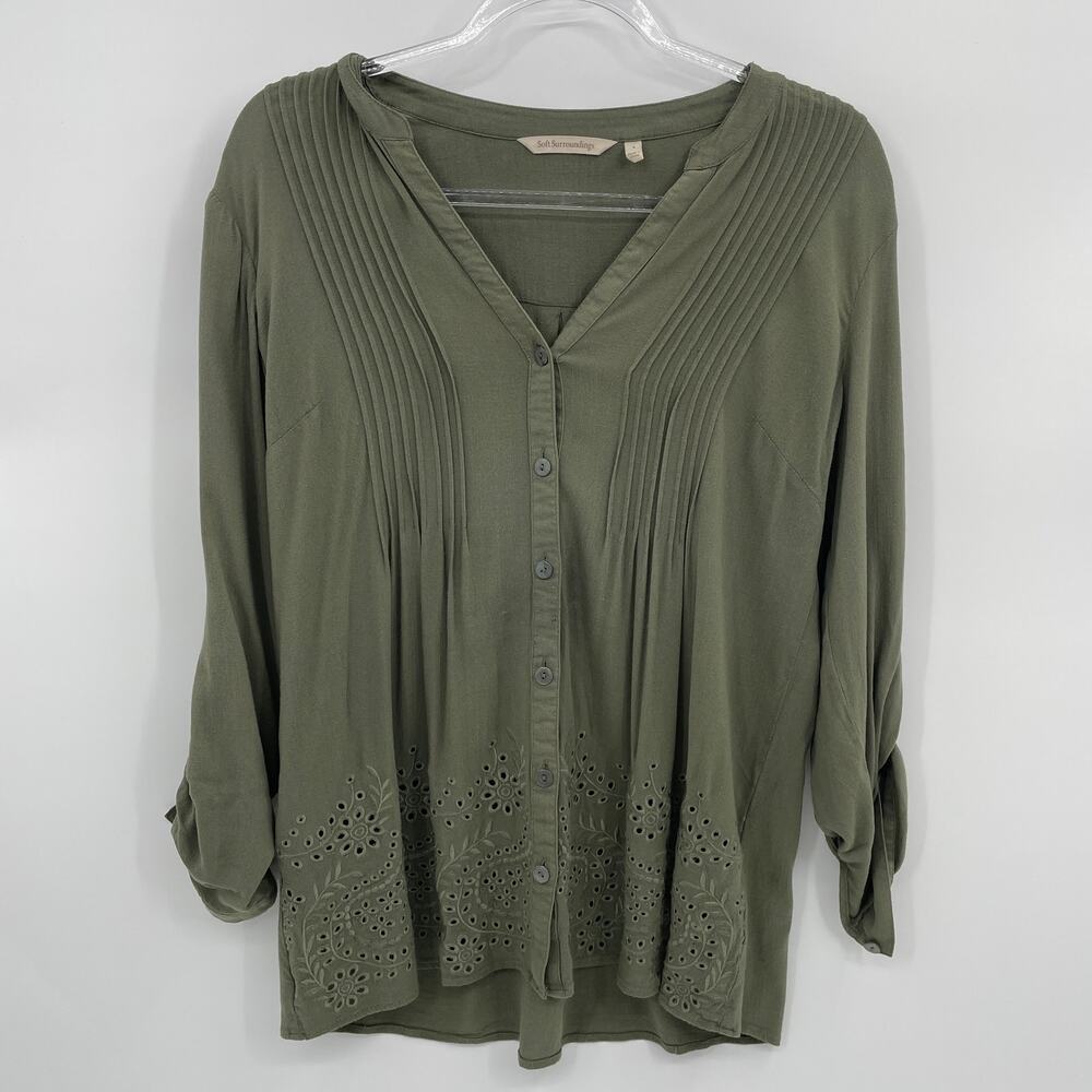 SOFT SURROUNDINGS Lagenlook Tunic Shirt Size S Green Button Front Eyelet Detail